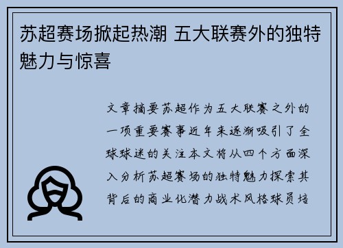 苏超赛场掀起热潮 五大联赛外的独特魅力与惊喜 苏超赛场掀起热潮 五大联赛外的独特魅力与惊喜