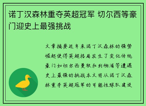 诺丁汉森林重夺英超冠军 切尔西等豪门迎史上最强挑战 诺丁汉森林重夺英超冠军 切尔西等豪门迎史上最强挑战