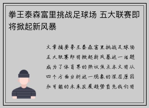 拳王泰森富里挑战足球场 五大联赛即将掀起新风暴 拳王泰森富里挑战足球场 五大联赛即将掀起新风暴