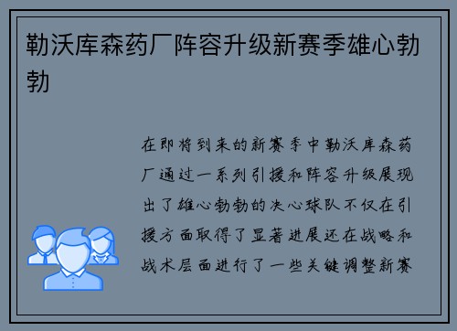 勒沃库森药厂阵容升级新赛季雄心勃勃 勒沃库森药厂阵容升级新赛季雄心勃勃